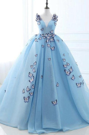 Ball Gown Long Sky Blue Butterfly V Neck Prom Dress,Quinceanera Dresses INE79