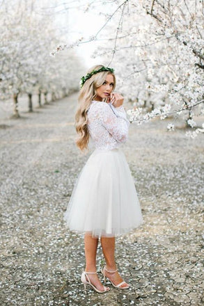 Off White Tulle Long Sleeve Lace Two Pieces Short  Cheap Homecoming Dresses INE3