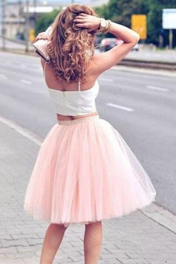 Two Piece Pink Spaghetti-Strap Tulle Sleeveless White Top Homecoming Dresses IN294