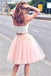 Two Piece Pink Spaghetti-Strap Tulle Sleeveless White Top Homecoming Dresses IN294