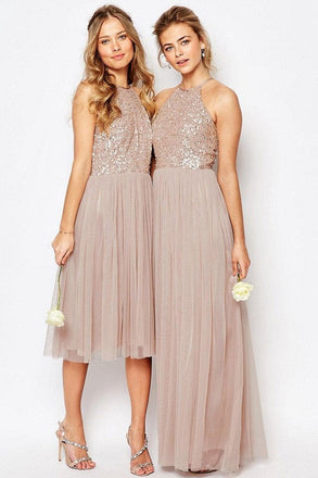 Gorgeous Sequins Top Halter Romantic A Line Short Long Bridesmaid Dresses IND60