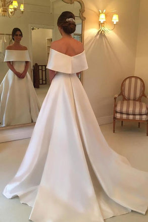 Simple Satin A Line Off the Shoulder Cheap Bridal Gown, Ivory Wedding Dresses INC73