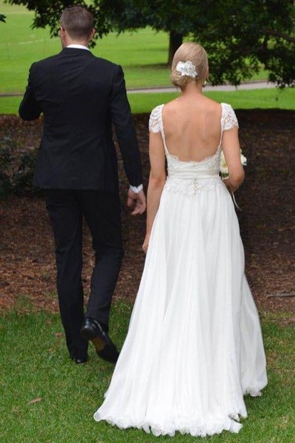 Unique Ivory Cap Sleeves Lace Top Backless Chiffon A Line Beach Wedding Dresses IN381