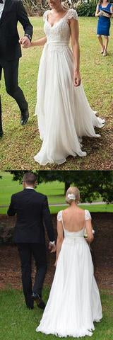 Unique Ivory Cap Sleeves Lace Top Backless Chiffon A Line Beach Wedding Dresses IN381