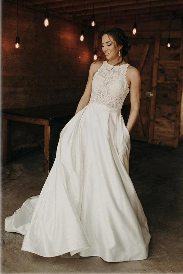 Satin A-line Lace Top Boho Wedding Dresses With Sweep Train, Bridal Gown IN1811