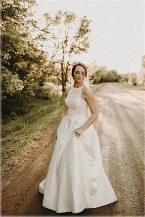 Satin A-line Lace Top Boho Wedding Dresses With Sweep Train, Bridal Gown IN1811