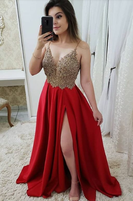 Spaghetti Straps A Line Split Prom Dress, Pink Beaded Evening Dresses INJ47