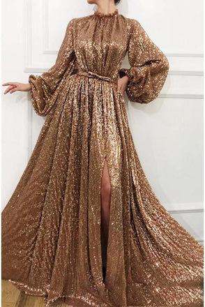 Charming A Line Long Sleeve Sequin High Neck Prom Dresses INH60