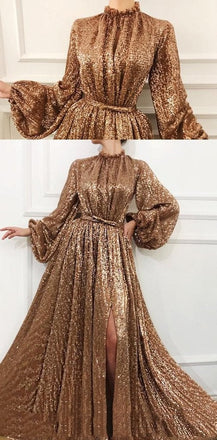 Charming A Line Long Sleeve Sequin High Neck Prom Dresses INH60