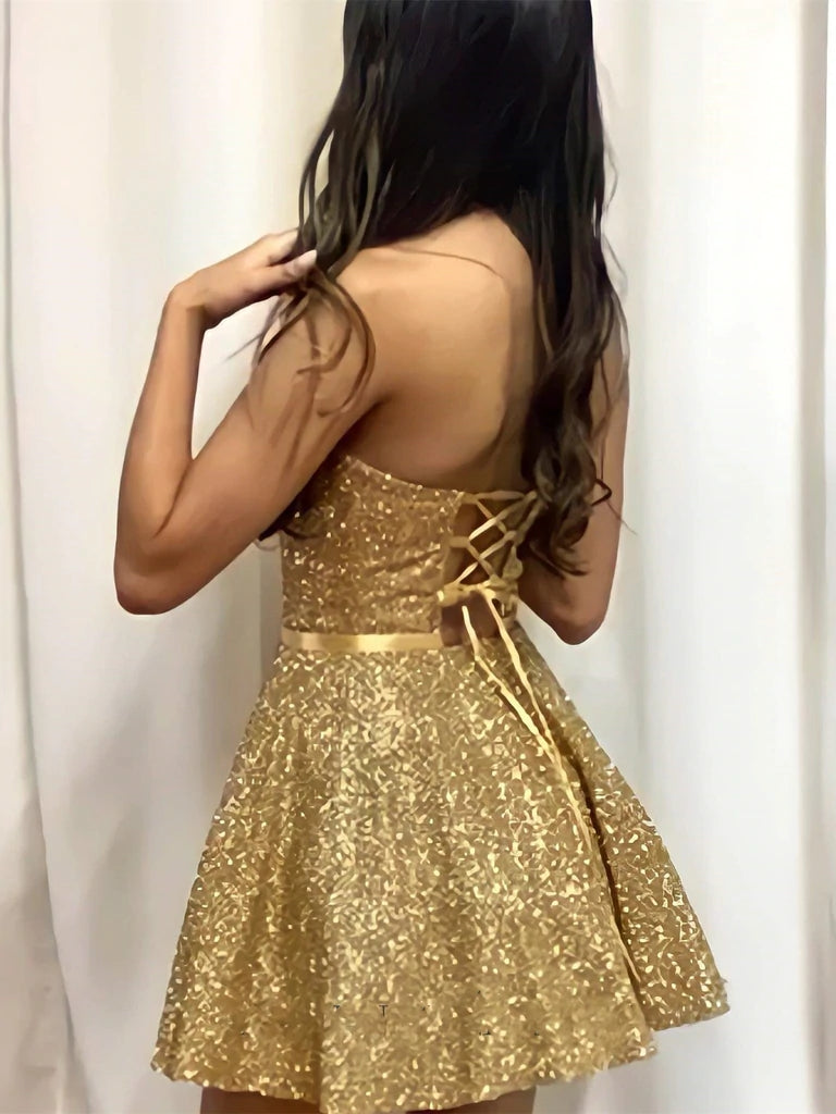 Shiny Strapless Open Back Golden Short Prom Homecoming Dress, Formal Graduation Evening Dresses INHD17