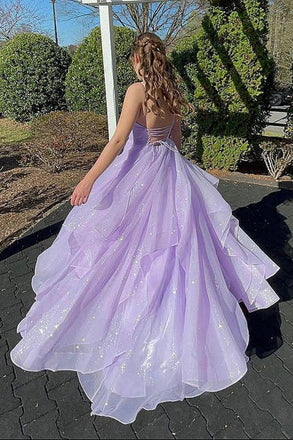 Shiny V Neck Lilac Backless Long Prom Dresses, Formal Evening Dresses IN1918