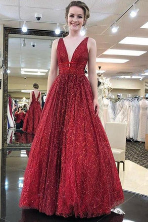 Charming Burgundy V Neck Sleeveless Sequin Prom Dresses A Line Formal Party Dress INI56