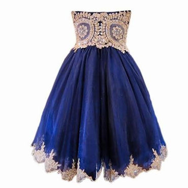 A Line Short Blue Gold Lace Appliques Prom Dresses Homecoming Dresses INF58