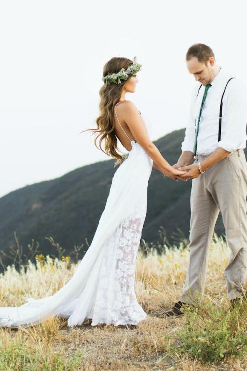 Simple A Line Long Chiffon Backless Lace Beach Wedding Dresses,Bridal Gown ING78