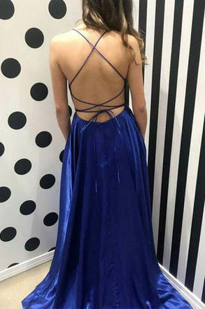 Royal Blue Spaghetti Strap A Line Prom Dress Sexy Long Split Party Dresses INJ90