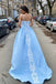 Sky Blue Satin A-line Sweetheart Lace Appliques Prom Dresses, Long Formal Evening Gown INP216