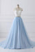 Sky Blue Long V Neck Evening Dress with Beaded Belt,Lace Top Long Prom Dress IN980