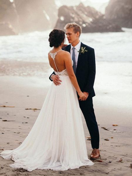 Spaghetti Strap Beaded Ivory Chiffon V Neck Long Cheap Wedding Dresses INH70