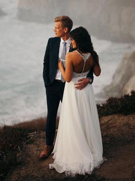Spaghetti Strap Beaded Ivory Chiffon V Neck Long Cheap Wedding Dresses INH70