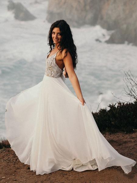 Spaghetti Strap Beaded Ivory Chiffon V Neck Long Cheap Wedding Dresses INH70