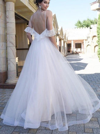 Spaghetti Straps Lace Dropped Sleeves Tulle A Line Beach Wedding Dress INH83