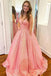 Pink Sparkly Sequins A-Line V-neck Spaghetti Straps Prom Dresses With Pockets IN2009
