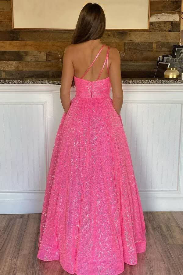 Sparkly Sequins Hot Pink A-line One Shoulder Long Prom Dresses With Pockets INP213