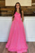 Sparkly Sequins Hot Pink A-line One Shoulder Long Prom Dresses With Pockets INP213