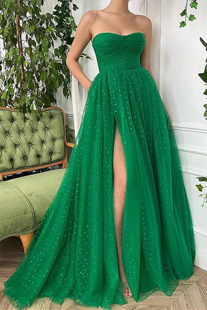 Strapless Green Long A Line Tulle Prom Dresses Formal Evening