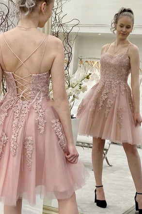 Sweetheart Neck Pink Lace Appliques Short Prom Dress,  Homecoming Dresses INHD20