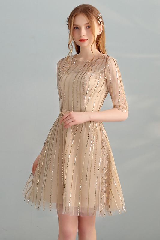 Gold Sequins A Line Short Tulle Half Sleeves Homecoming Dresses INC98