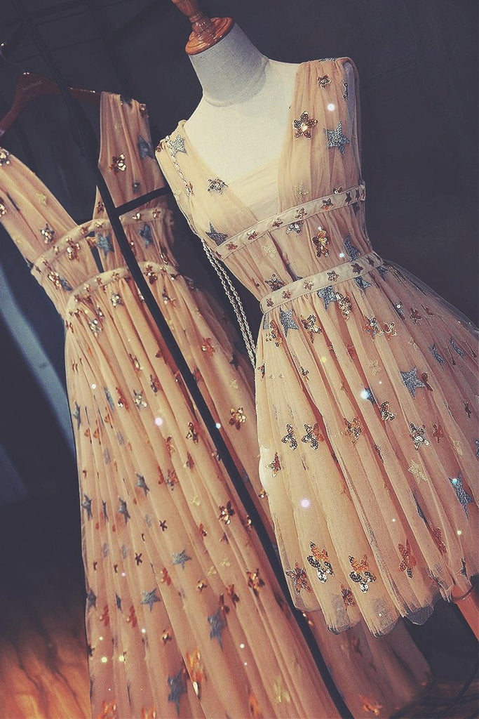A Line Short Tulle Sleeveless Stars V Neck Homecoming Dresses INC99