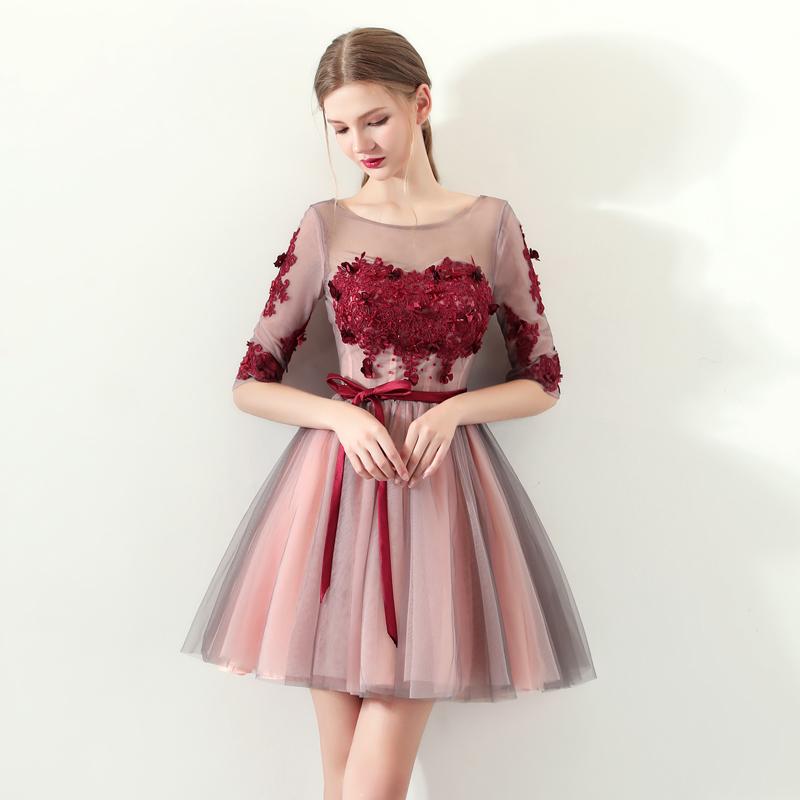 A Line Red Flowers Half Sleeves Homecoming Dresses, Short Appliques Prom Dress INN61