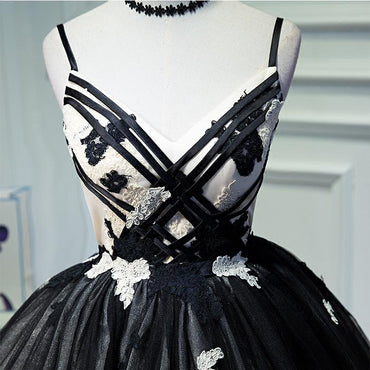 A Line Spaghetti Straps Tulle Black Short Homecoming Dress With Appliques INN46