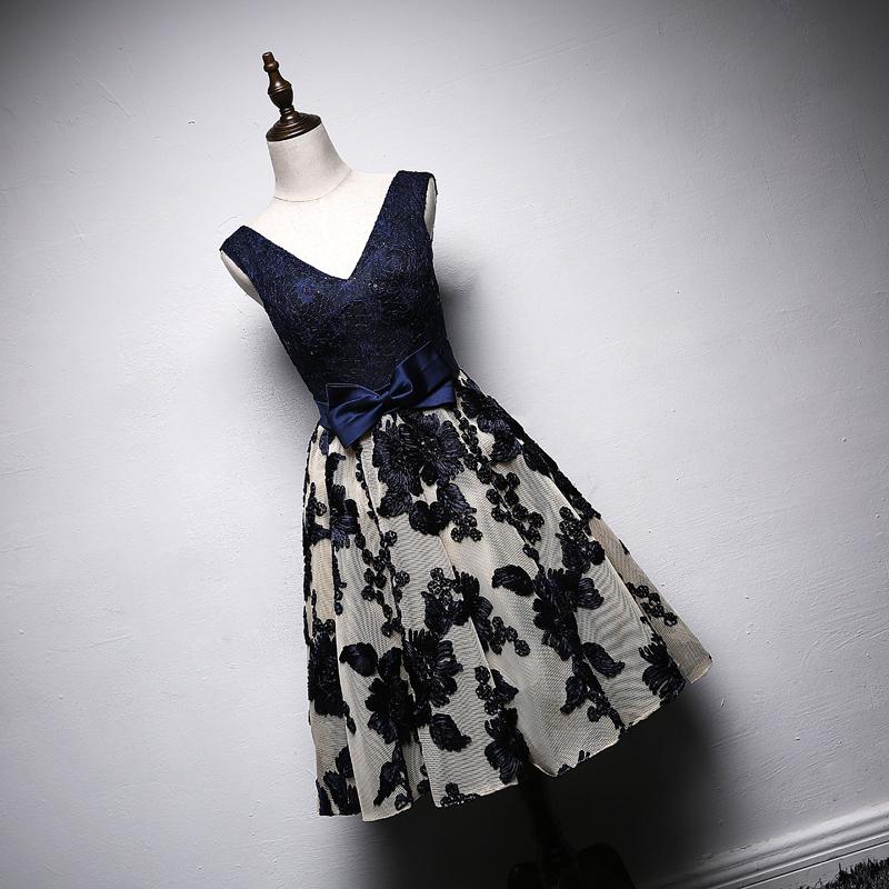 A Line Navy Blue V Neck Homecoming Dresses, Short Bow-knot Prom Dress INN66
