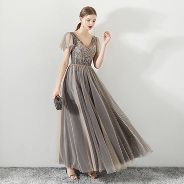 A Line Tulle Long Appliques Beaded Prom Dresses, Grey Formal Evening Dress ING72
