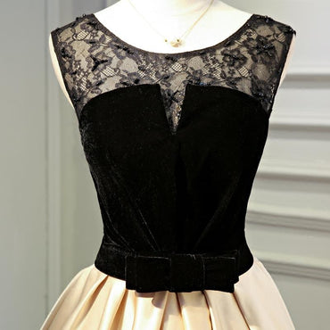 A Line Round Neck Satin Short Homecoming Dresses With Black Lace INN48