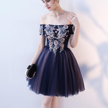 A Line Purple Appliques Homecoming Dresses, Short Off the Shoulder Prom Dress INN65