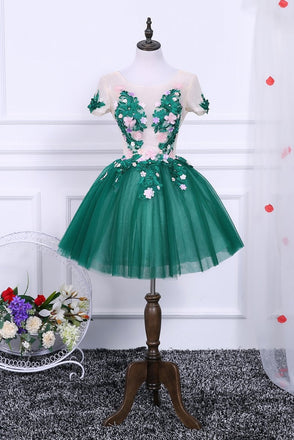 Green A Line Short Sleeves Tulle Floral Appliques Short Homecoming Dresses INN50
