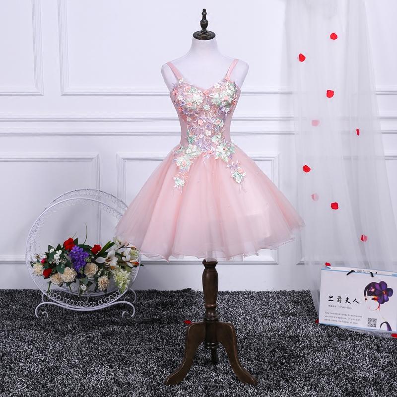 Pink A Line Tulle Spaghetti Straps Homecoming Dresses With Appliques INN54