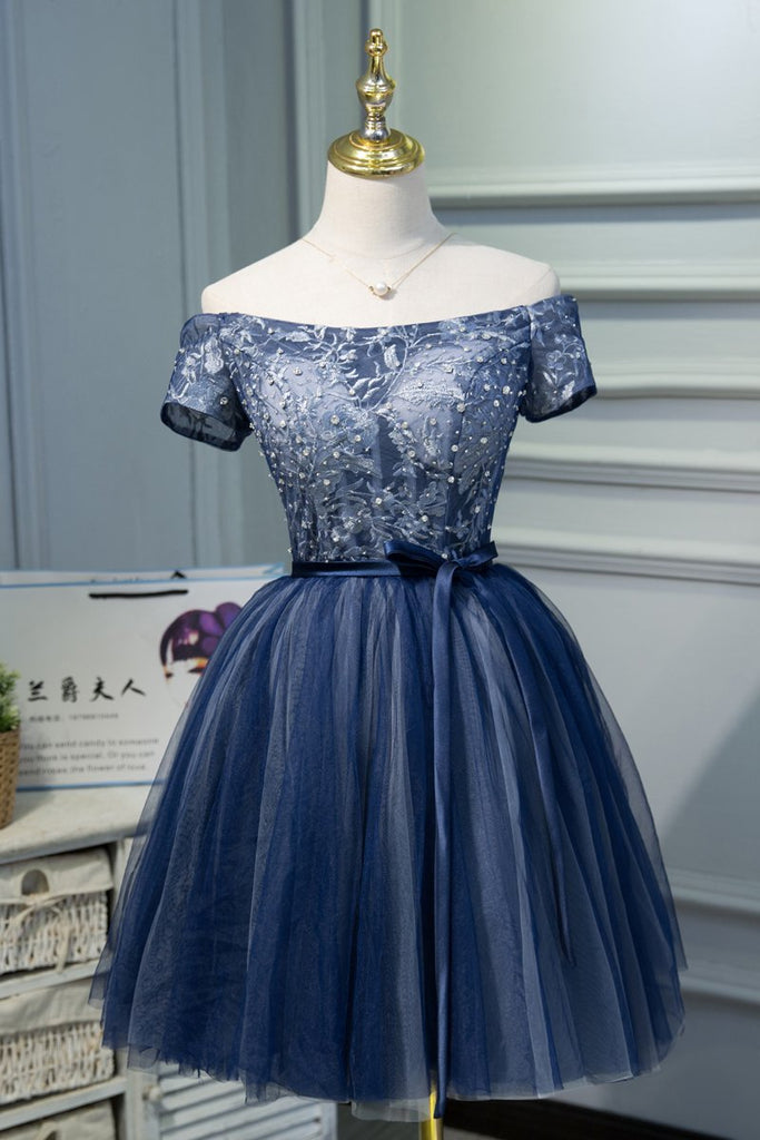 A Line Off the Shoulder Navy Blue Short Homecoming Dress INN44