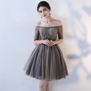 A Line Half Sleeves Off the Shoulder Homecoming Dresses, Short Appliques Prom Dress INN62