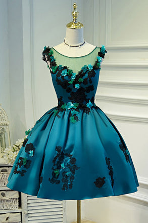 A Line Flower Appliques Round Neck Homecoming Dresses, Blue Short Prom Dress INN71