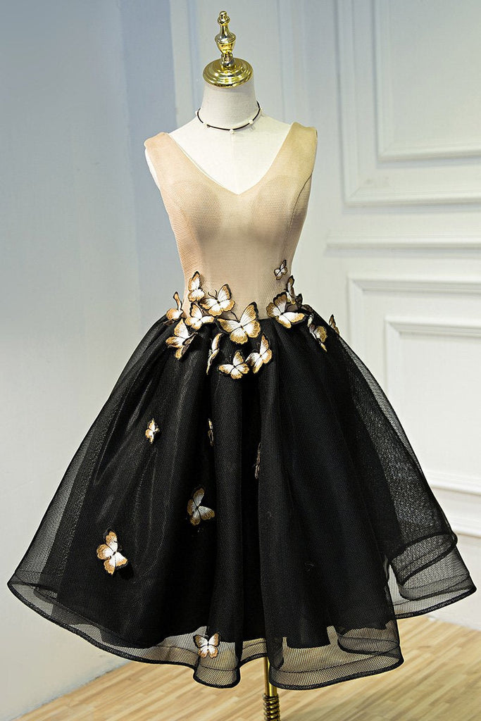 A Line Black V Neck Homecoming Dresses, Sleeveless Prom Dress With Butterfly INN68