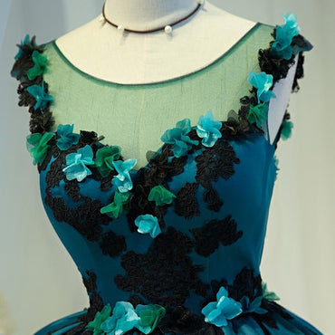 A Line Flower Appliques Round Neck Homecoming Dresses, Blue Short Prom Dress INN71