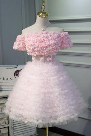 Cute Pink A Line Tulle Off the Shoulder Homecoming Dresses With Flowers INN53