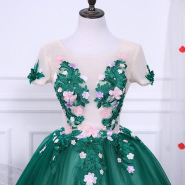 Green A Line Short Sleeves Tulle Floral Appliques Short Homecoming Dresses INN50