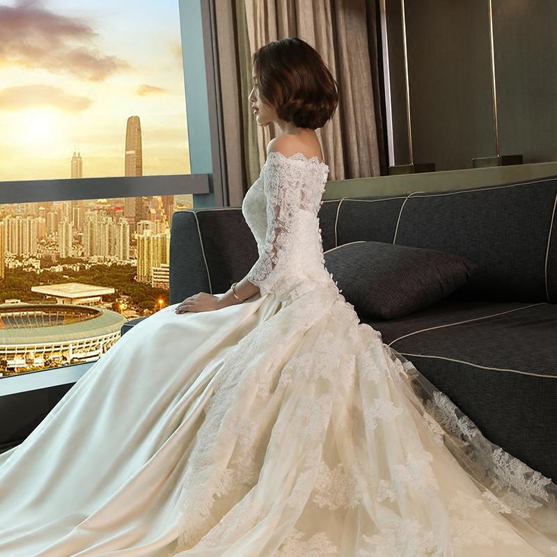 Modest 3/4 Sleeve Off the Shoulder A Line Lace Wedding Dress IN642