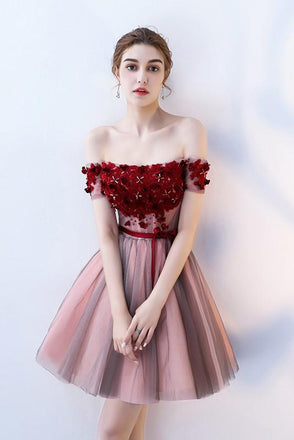 A Line Strapless Red Flowers Short Tulle Homecoming Dresses INC66
