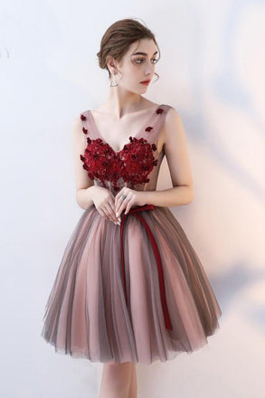 Charming A Line V Neck Red Flowers Short Tulle Homecoming Dresses INC65